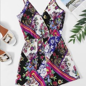 New surplice neck scarf print slip romper